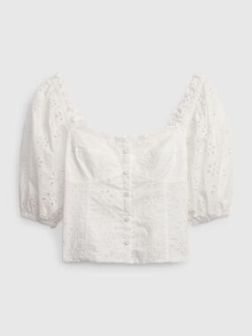 Gap Cotton Eyelet Square Neck Short Puff Sleeve Embroidered Blouse White